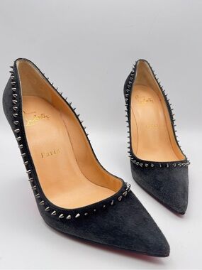 Christian Louboutin Anjalina 100 Spikes Charbon Suede Pumps EU 36.5